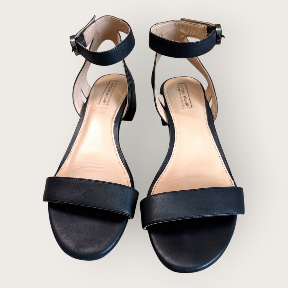 Antonio Melani Black Leather Ankle Strap Dress Sandals Womens 9.5 Low Block Heel - Picture 2 of 10